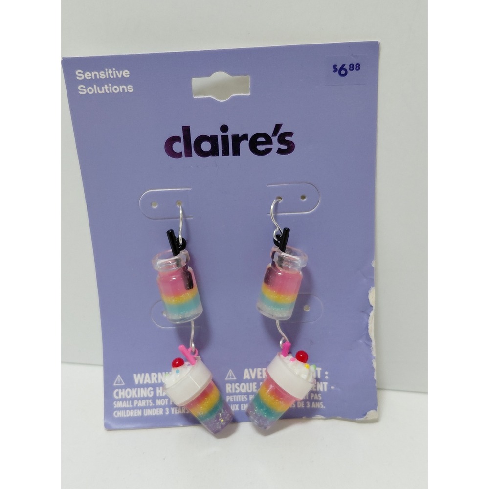Claire's Sensitive Solutions Rainbow Milkshake Layered Drink Drop Earrings NWT